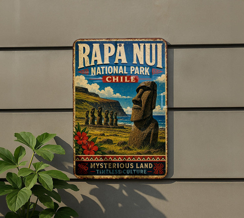 a vintage-style sign for Rapa Nui National Park in Chile, with a large image of the Moai statues in the background.