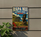 a vintage-style sign for Rapa Nui National Park in Chile, with a large image of the Moai statues in the background.
