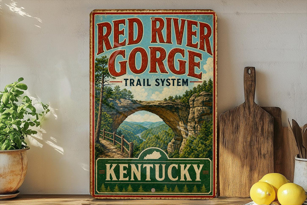 A vintage-style sign for the Red River Gorge Trail System in Kentucky, featuring a scenic illustration of the arch and the surrounding landscape.