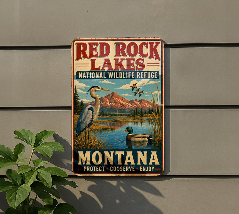 A vintage-style metal sign for the Red Rock Lakes National Wildlife Refuge in Montana, featuring an illustration of a heron and ducks in a lake surrounded by mountains.