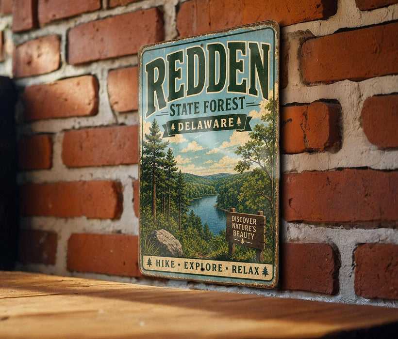 A vintage metal sign for the Redden State Forest in Delaware, featuring a scenic image of a forest and a river.