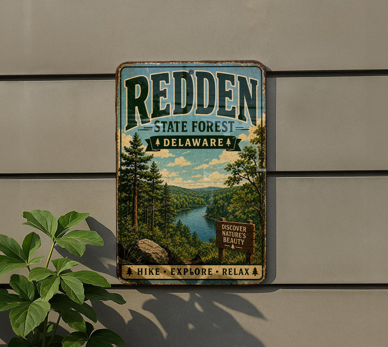 A vintage metal sign for the Redden State Forest in Delaware, featuring a scenic landscape with pine trees, a river, and mountains.
