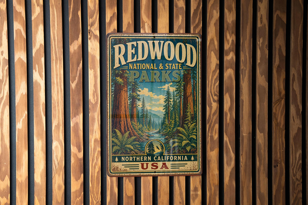 A vintage-style metal sign for Redwood National and State Parks, featuring a scenic illustration of a forest with tall trees and a river.