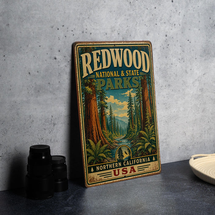 A vintage-style metal sign for Redwood National and State Parks, featuring a scenic illustration of a forest with tall trees and a river.