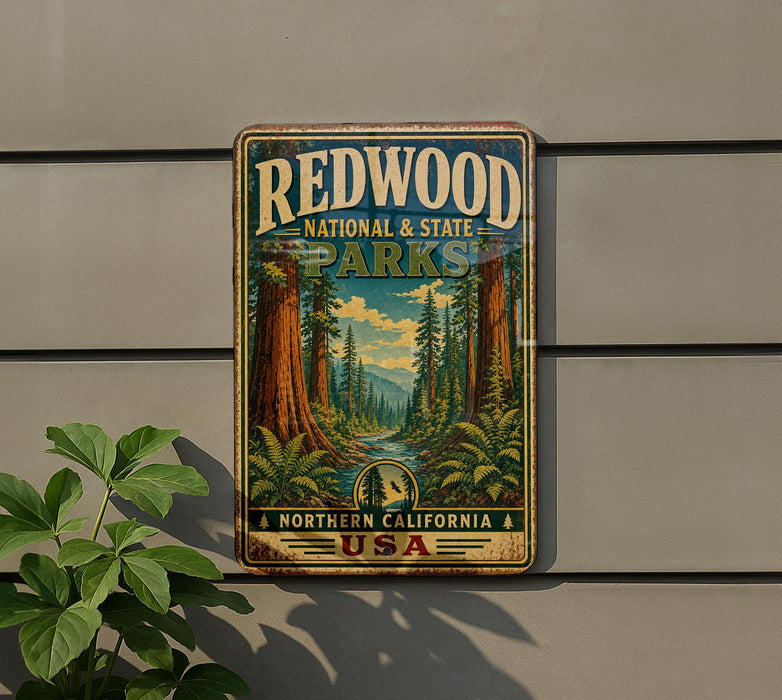 A vintage-style metal sign for Redwood National and State Parks, featuring a scenic illustration of a forest with towering redwood trees and a winding path.
