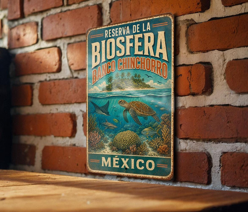 A vintage-style metal sign with the text "RESERVA DE LA BIOSFERA BANCO CHINCHORRO" and "MEXICO" is displayed on a brick wall.