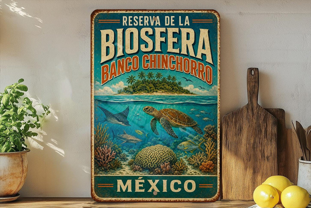 A vintage-style metal sign with the text "RESERVA DE LA BIOSFERA BANCO CHINCHORRO MEXICO" and an illustration of a tropical island with a sea turtle swimming among colorful coral and fish.
