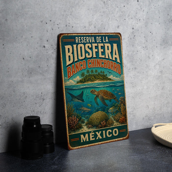 A vintage-style metal sign with the text "RESERVA DE LA BIOSFERA BANCO CHINCHORRO MEXICO" and an illustration of a turtle swimming in the ocean.