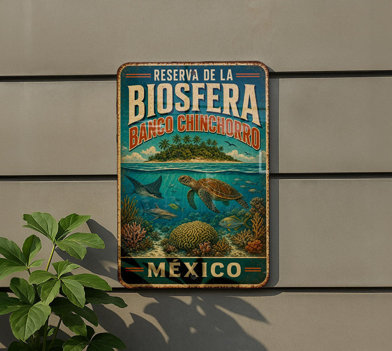 A metal sign with a tropical beach scene and marine life, mounted on a wall next to a plant.