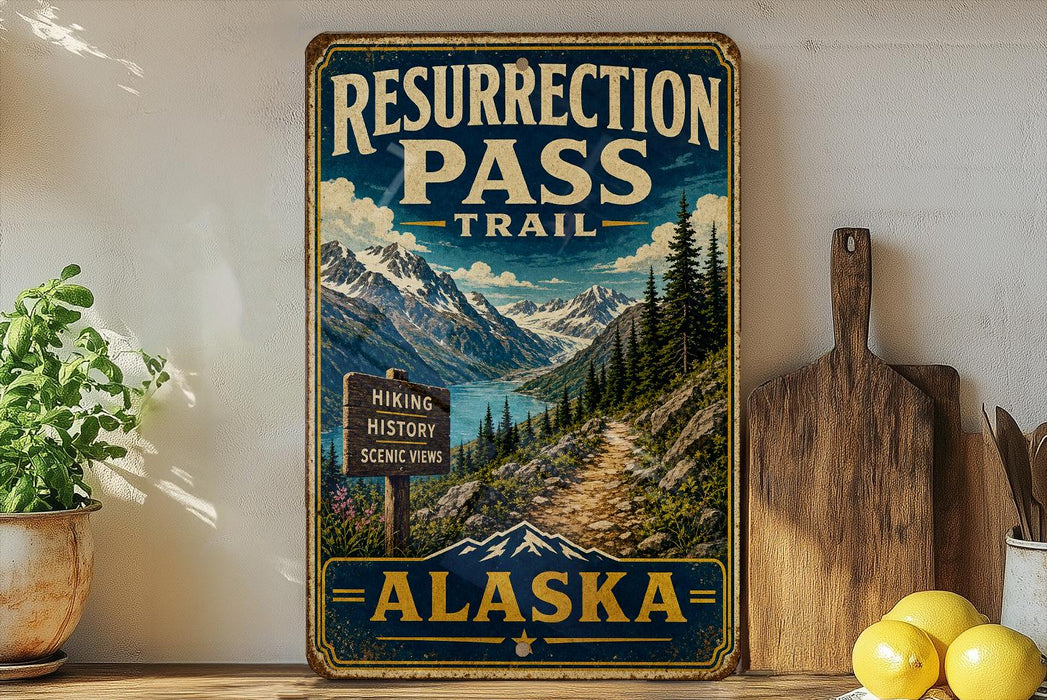 A vintage-style sign for the Resurrection Pass Trail in Alaska, featuring a scenic mountain landscape with a trail leading through it.