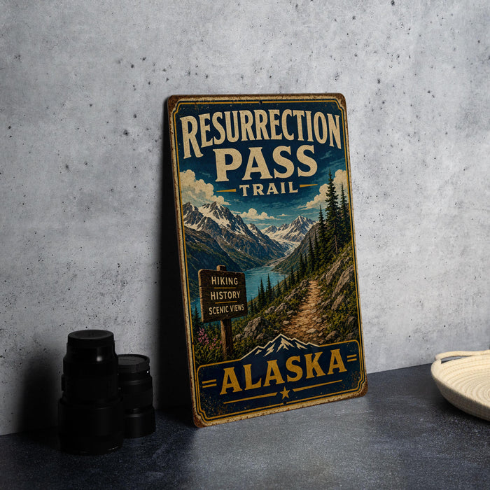 A vintage-style metal sign for the Resurrection Pass Trail in Alaska, featuring a scenic mountain landscape and hiking trail sign.
