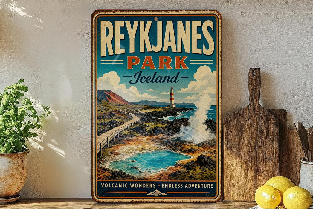 A vintage-style sign for Reykjanes Park, Iceland, featuring a scenic landscape with a lighthouse and a hot spring.