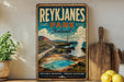 A vintage-style sign for Reykjanes Park, Iceland, featuring a scenic landscape with a lighthouse and a hot spring.