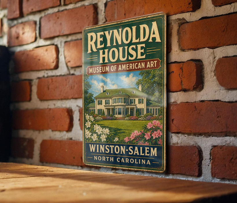 A vintage-style sign for the Reynolds House Museum of American Art in Winston-Salem, North Carolina, featuring an illustration of the museum's building surrounded by flowers.