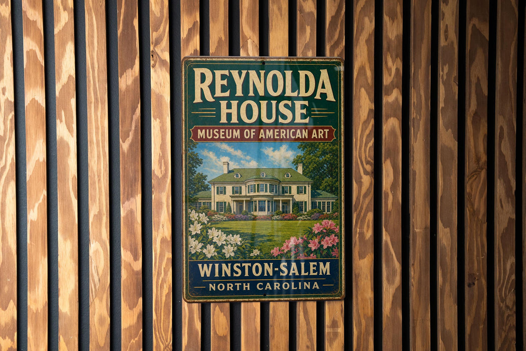 A vintage metal sign for the Reynolds House Museum of American Art in Winston-Salem, North Carolina.