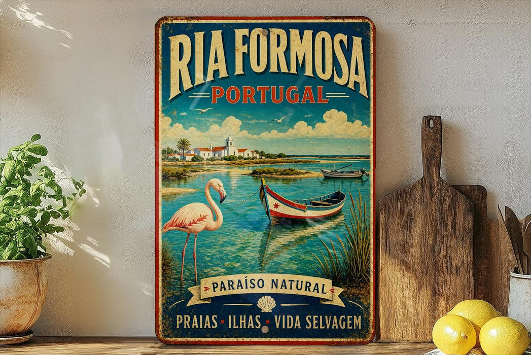 A vintage-style poster advertising Ria Formosa, a Portuguese island, featuring a pink flamingo, a boat, and a coastal landscape.