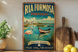 A vintage-style poster advertising Ria Formosa, a Portuguese island, featuring a pink flamingo, a boat, and a coastal landscape.