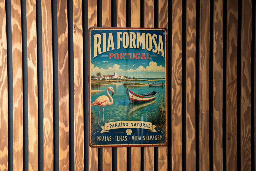A vintage metal sign for Ria Formosa, Portugal, featuring a scenic image of a boat on the water and a pink flamingo.