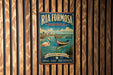 A vintage metal sign for Ria Formosa, Portugal, featuring a scenic image of a boat on the water and a pink flamingo.