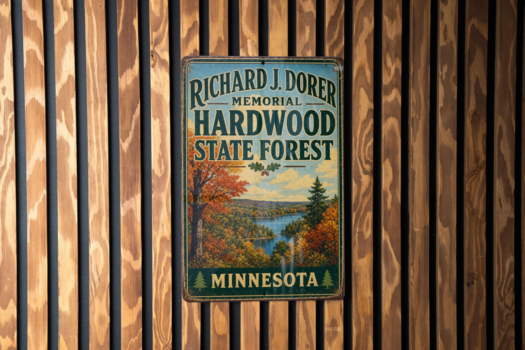 A vintage metal sign for the Richard J. Domer Memorial Hardwood State Forest in Minnesota, featuring a scenic landscape with a lake and autumn foliage.