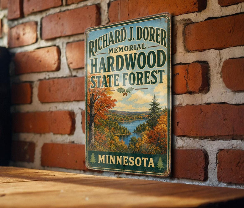 A vintage-style metal sign for the Richard J. Domer Memorial Hardwood State Forest in Minnesota, featuring a scenic landscape with a lake and autumn foliage.