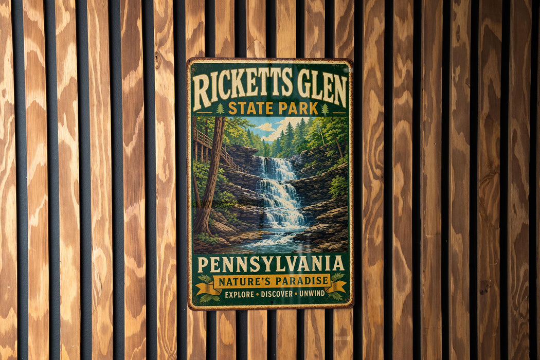 A vintage-style metal sign for Ricketts Glen State Park in Pennsylvania, featuring a waterfall and forest scenery.
