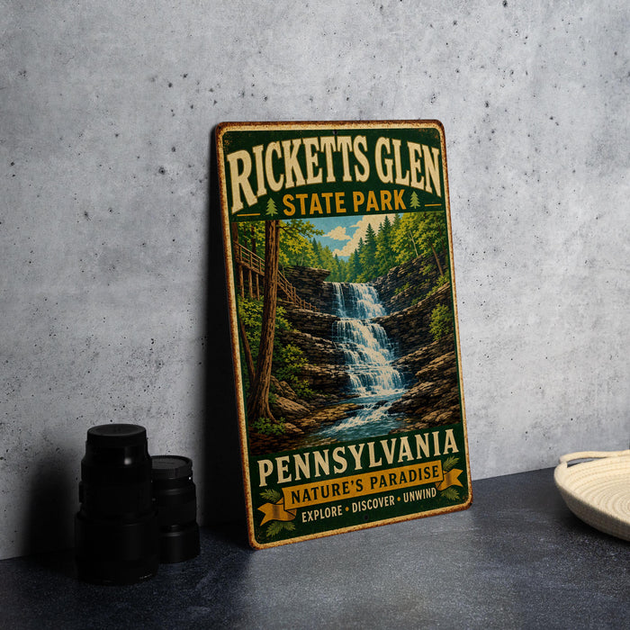 A vintage-style metal sign for Rickett's Glen State Park in Pennsylvania, featuring a waterfall and forest scenery.