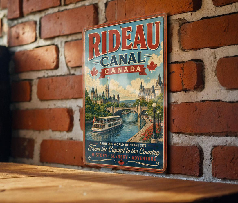 A vintage-style metal sign with the text "RIDEAU CANAL CANADA" and a picture of a cityscape with a river and a boat, mounted on a brick wall.