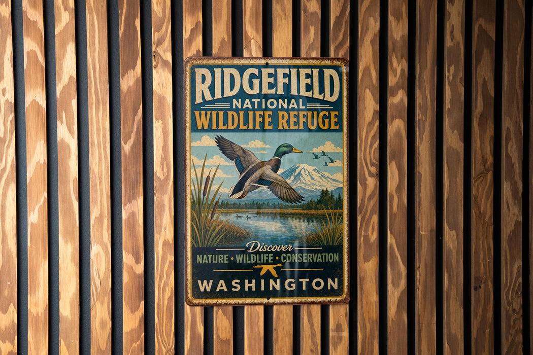 A vintage metal sign for Ridgefield National Wildlife Refuge hanging on a wooden wall.