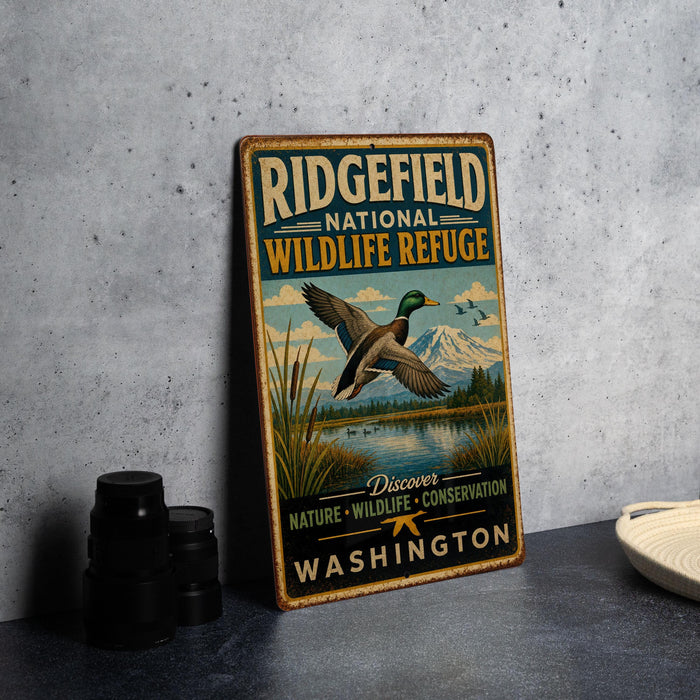 A vintage-style metal sign for the Ridgefield National Wildlife Refuge, featuring a duck in flight and a scenic landscape.