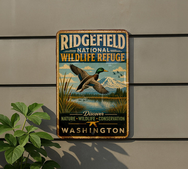 A vintage metal sign for the Ridgefield National Wildlife Refuge, featuring a duck in flight and a scenic landscape.