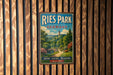 A vintage-style poster advertising Ries Park, Germany, featuring a scenic landscape with a bridge and trees.