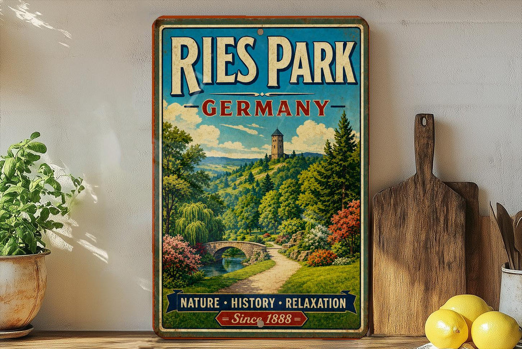 a vintage-style sign for Ries Park, Germany, with a scenic landscape depicting a bridge, trees, and a river. The sign is displayed on a wooden shelf, surrounded by various kitchen utensils and a potted plant.