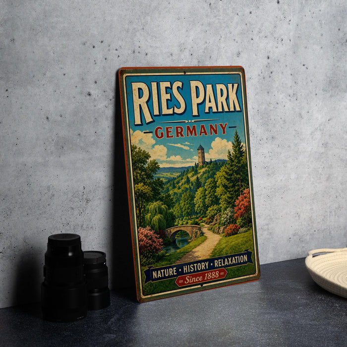 A vintage-style metal sign for Ries Park, Germany, featuring a scenic landscape with a bridge and trees.