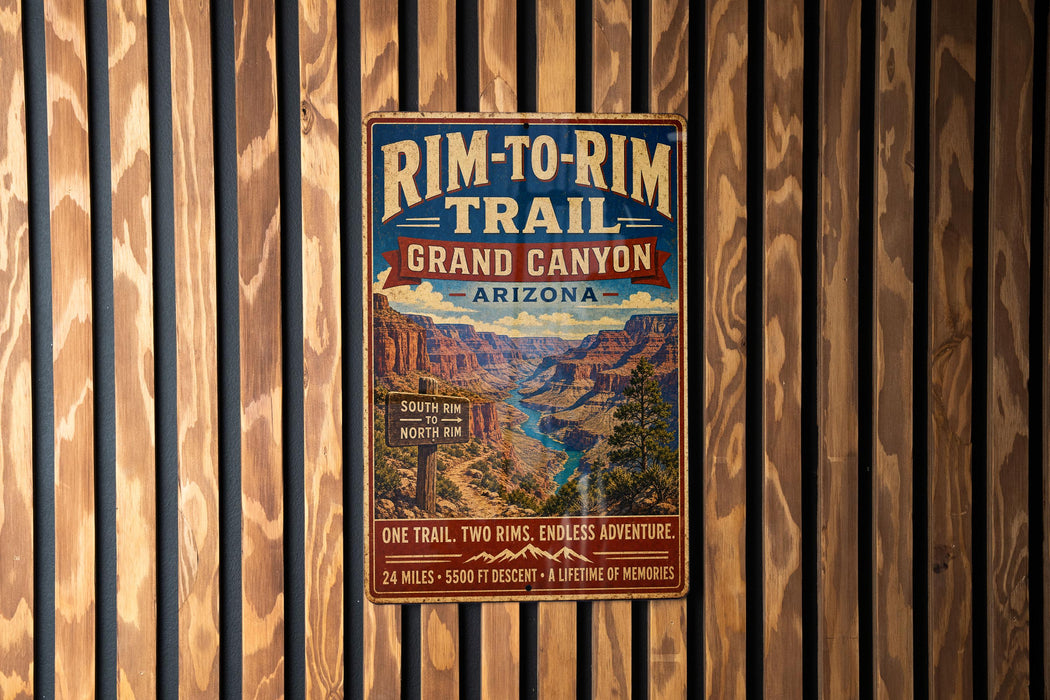 A vintage-style metal sign for the Rim-to- Rim Trail in Grand Canyon, Arizona, featuring a scenic image of the canyon landscape.