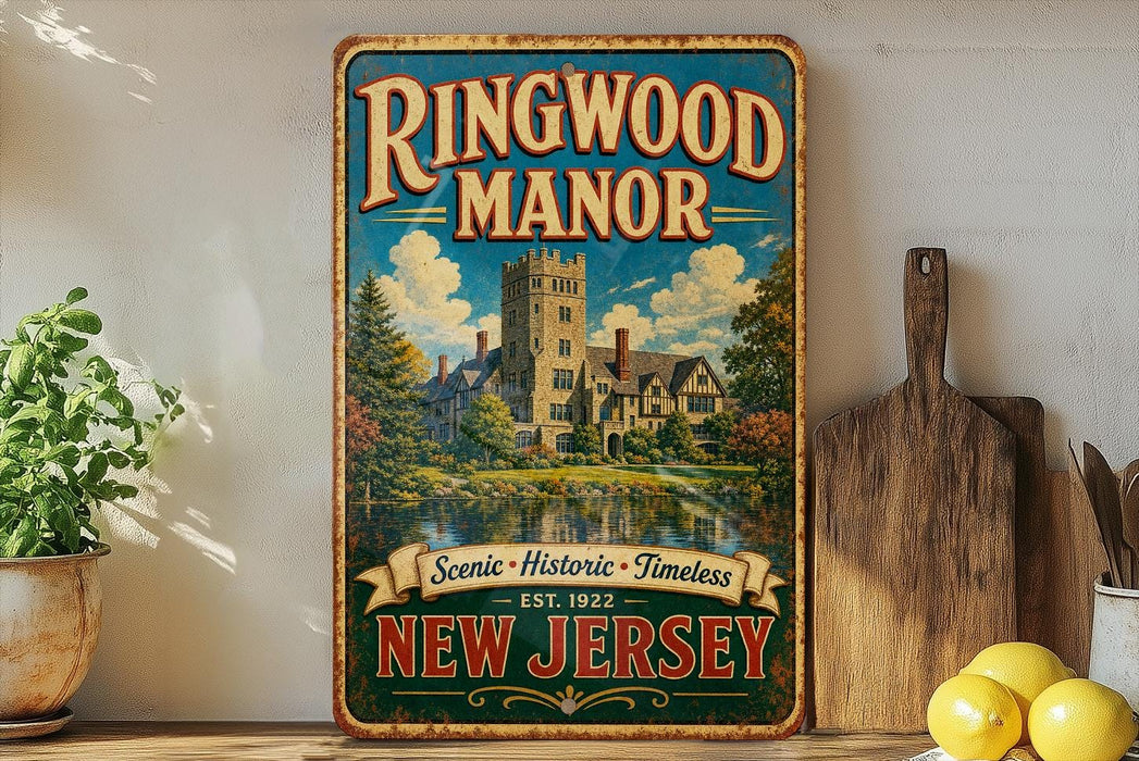 A vintage-style metal sign for Ringwood Manor, featuring a castle and a lake, is displayed on a shelf next to a wooden cutting board and some lemons.