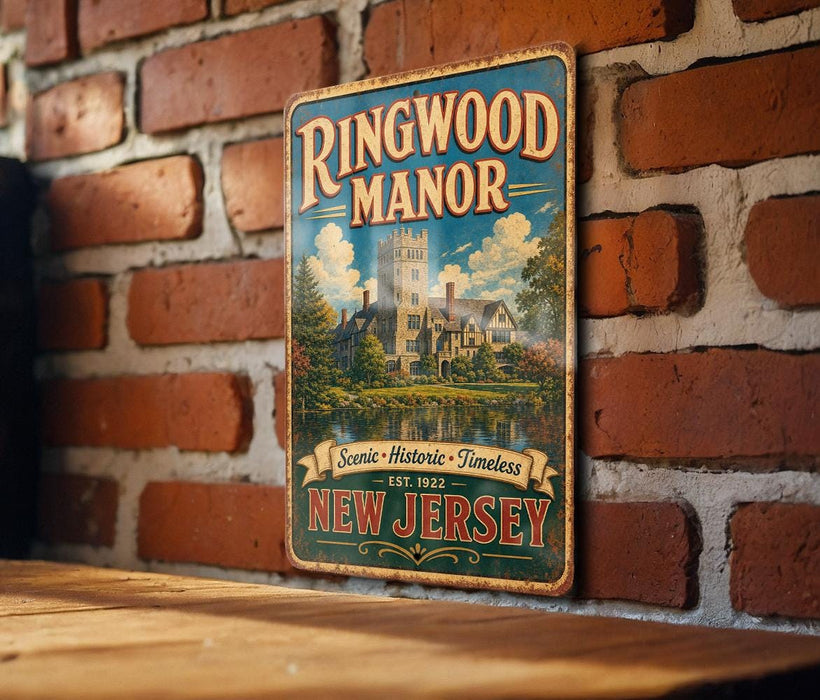 A vintage-style metal sign for Ringwood Manor, a historic mansion in New Jersey, is displayed on a brick wall.