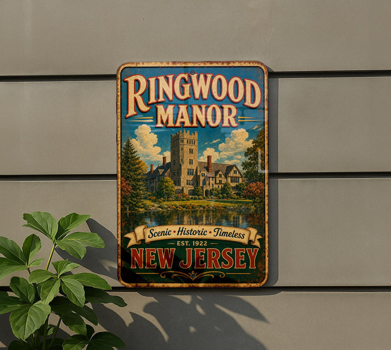 A vintage-style metal sign for Ringwood Manor, featuring a castle and trees, is displayed on a wall.