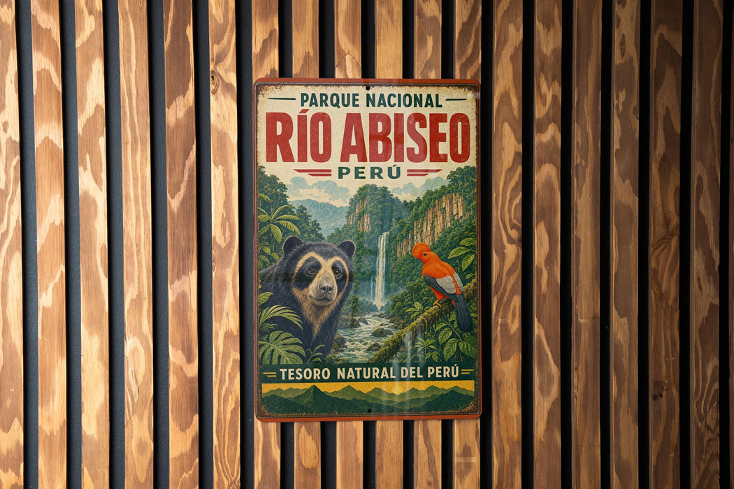 A vintage-style metal sign for the Parque Nacional Rio Abisito in Peru, featuring a bear and a bird in a lush, tropical landscape.