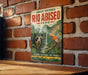 A vintage-style metal sign for the Parque Nacional Rio Abisito in Peru, featuring a bear and a bird in a lush, tropical landscape.