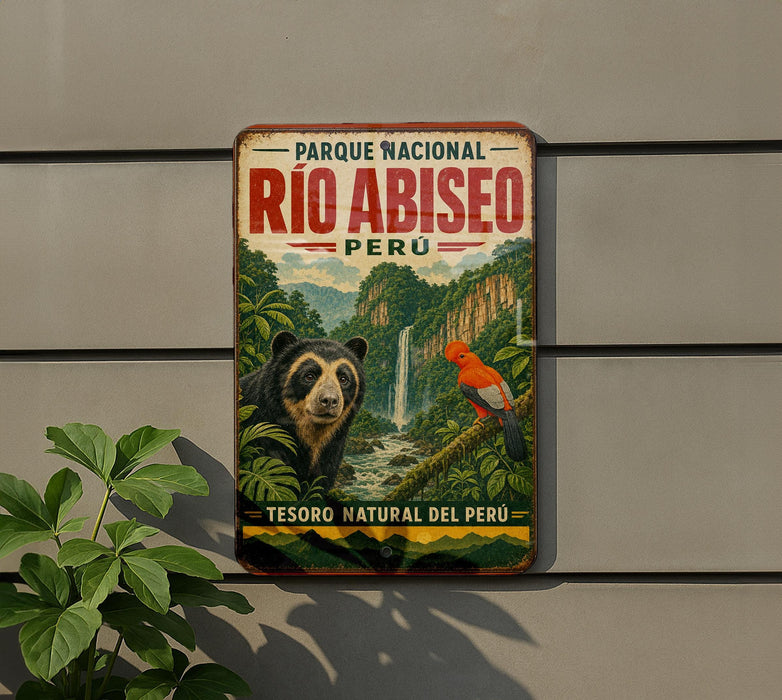 A vintage-style sign for the Parque Nacional Rio Abisito in Peru, featuring a bear and a bird in a lush, tropical landscape.