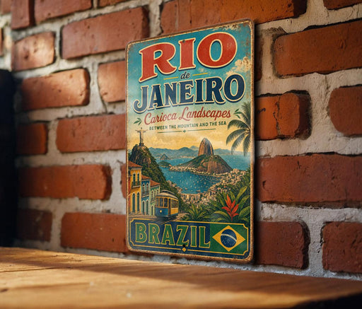 A vintage metal sign with the text "Rio de Janeiro" and "Carlico Landscapes" is displayed on a brick wall.