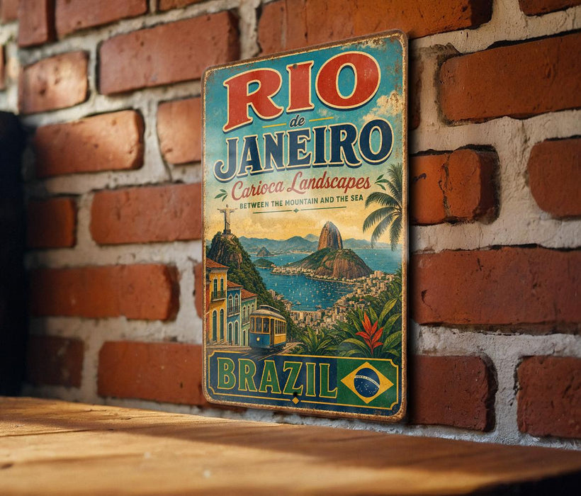 A vintage metal sign with the text "Rio de Janeiro" and "Carlico Landscapes" is displayed on a brick wall.