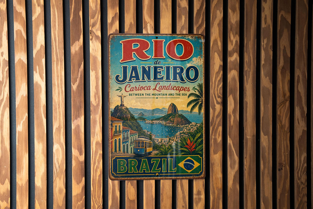 A vintage metal sign for Rio de Janeiro, Brazil, featuring a colorful illustration of the city's landscapes and landmarks.