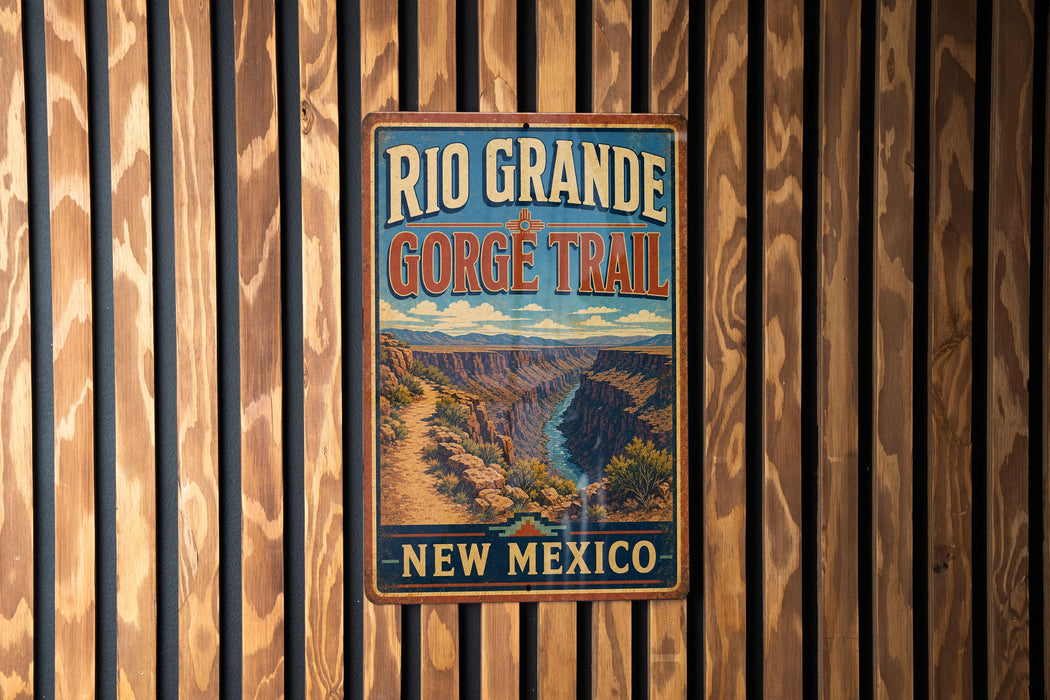 A vintage-style metal sign for the Rio Grande Gorge Trail in New Mexico, featuring a scenic illustration of the Grand Canyon.