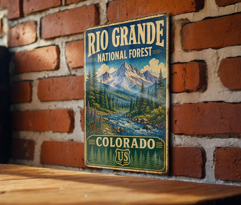 A vintage-style metal sign for the Rio Grande National Forest in Colorado, featuring a mountain landscape with pine trees and a river.