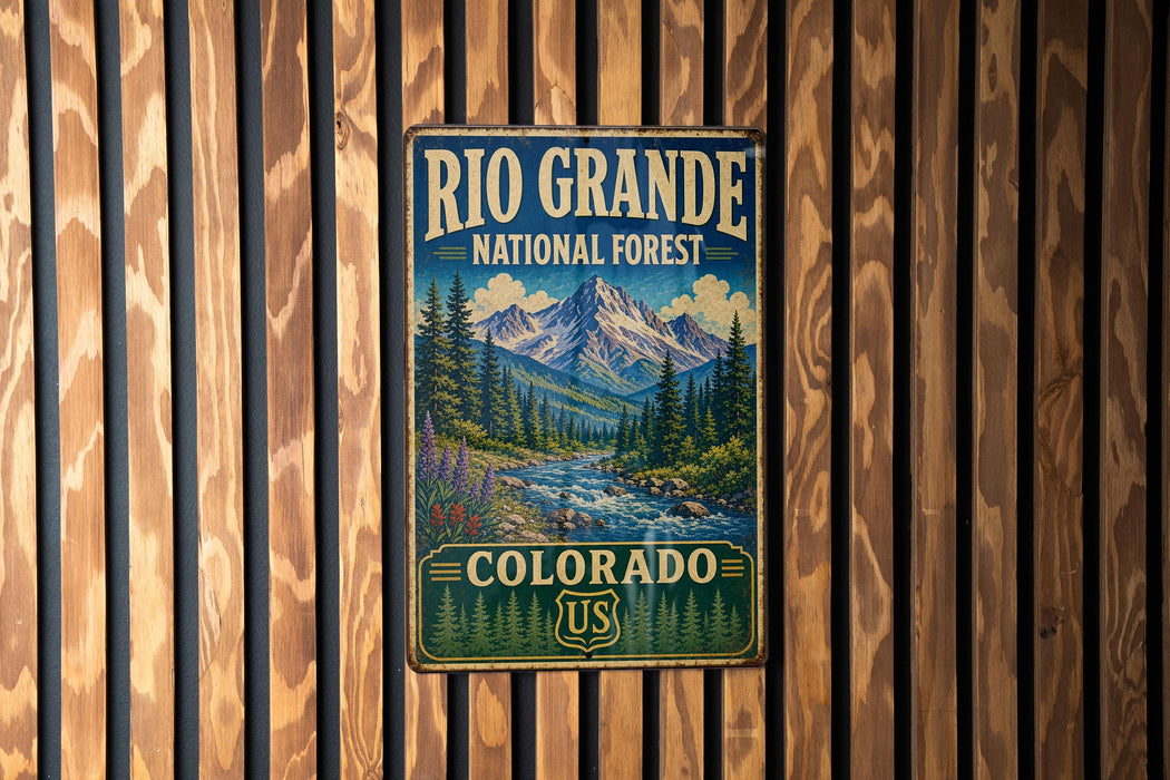 A vintage-style metal sign for the Rio Grande National Forest in Colorado, featuring a mountain landscape with pine trees and a river.