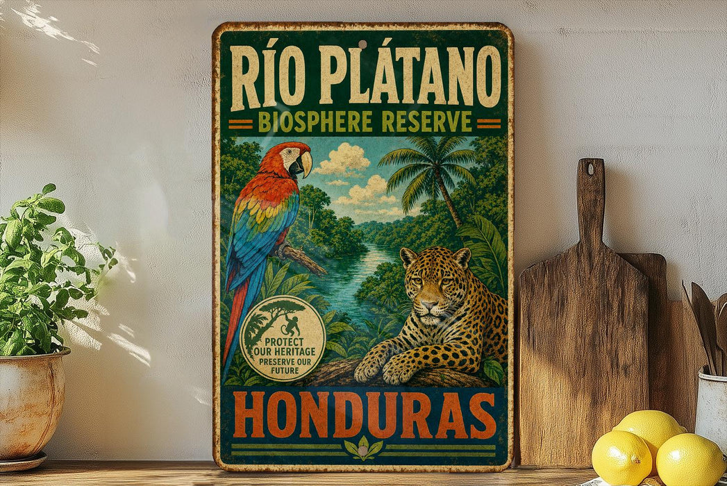 A vintage-style sign for the Rio Platano Biosphere Reserve in Honduras, featuring a colorful illustration of a parrot and a jaguar in a lush tropical forest.