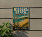 A vintage-style metal sign for Rissers Beach, a coastal park in Nova Scotia, Canada.