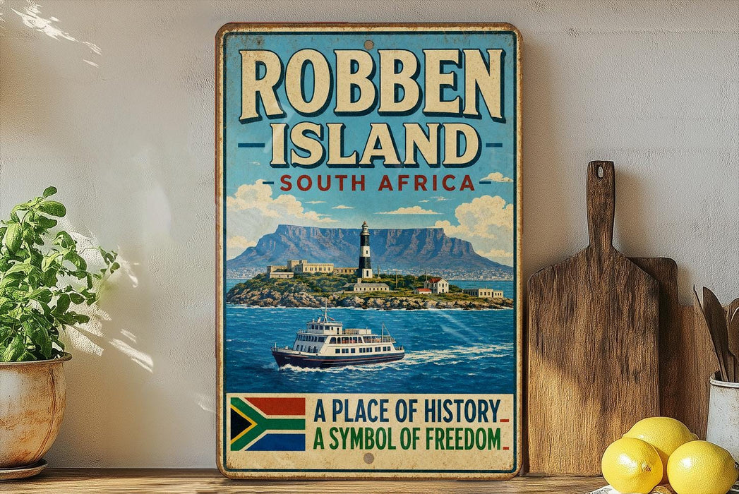 a vintage-style sign for Robben Island, South Africa, with a lighthouse and a boat on the water.